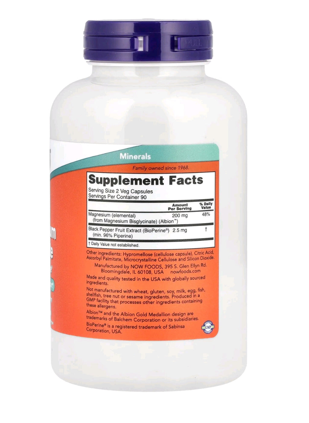 NOW Magnesium Glycinate with BioPerine (180 Veg Capsules)