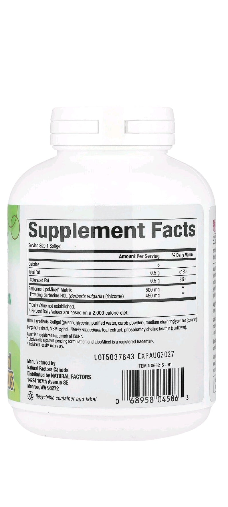Natural Factors Berberine LipoMicel Matrix 500 mg